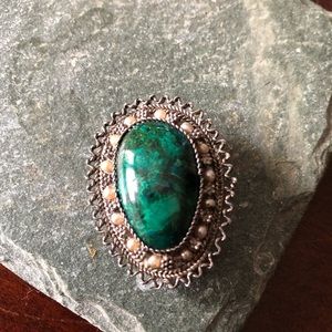 Vintage Sterling Silver Green Stone Pin- Israel